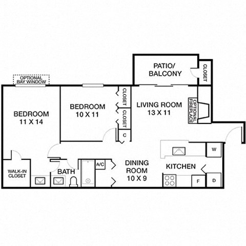 Floor plan for 2 beds, 1 bath, 840 sqft